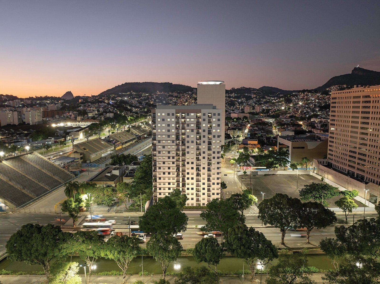 Perspectiva ilustrativa da Saudosa Praça Onze ao lado da Marquês de Sapucaí, mostrando a proximidade real com o Sambódromo